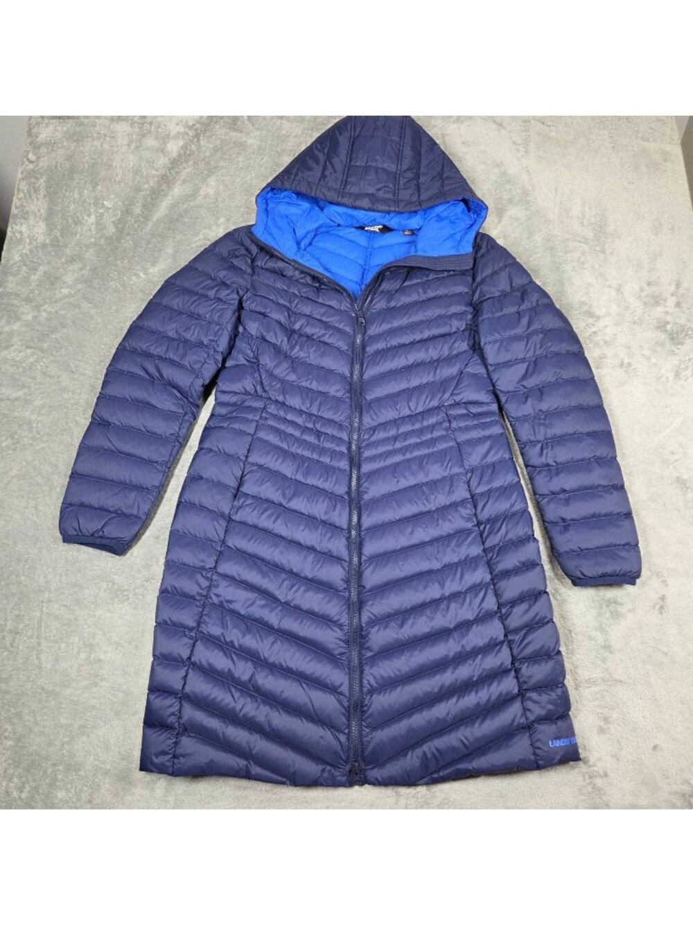Lands End Coat Womens Small Blue Ultralight Packable Down Maxi Long Hooded Parka